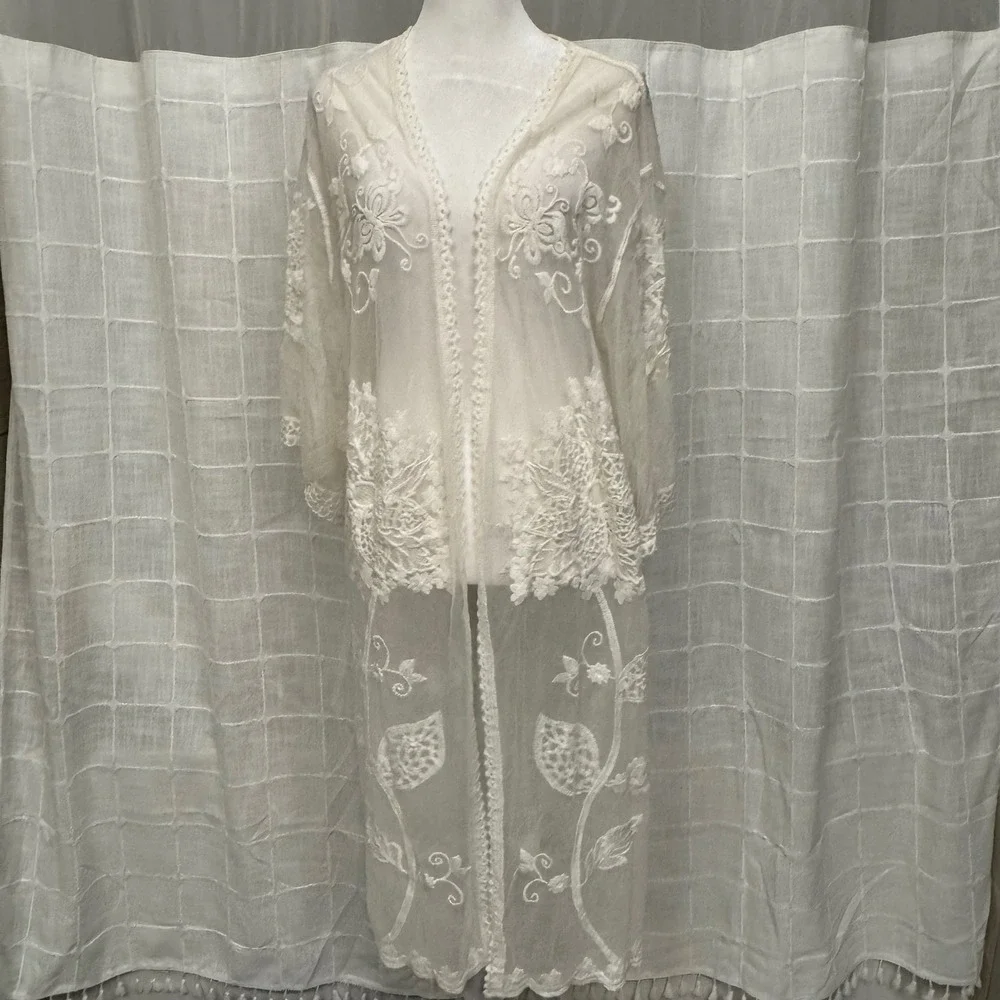 Anthropologie Do Everything In Love Cream Embroidered Sheer Lace Kimono Cardigan - Picture 2 of 7